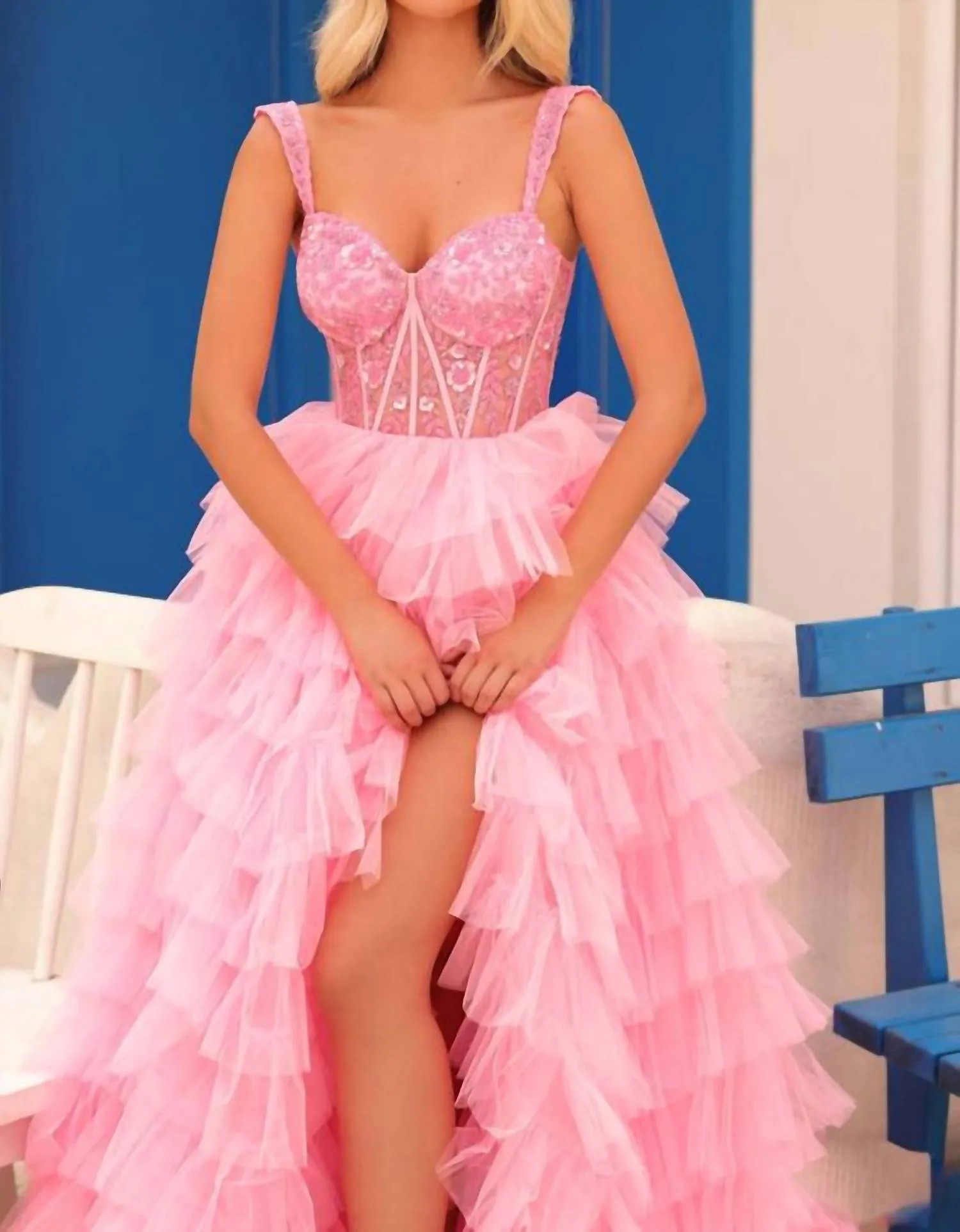 Amarra - Corset Top Layered Tulle With Leg Slit Ballgown