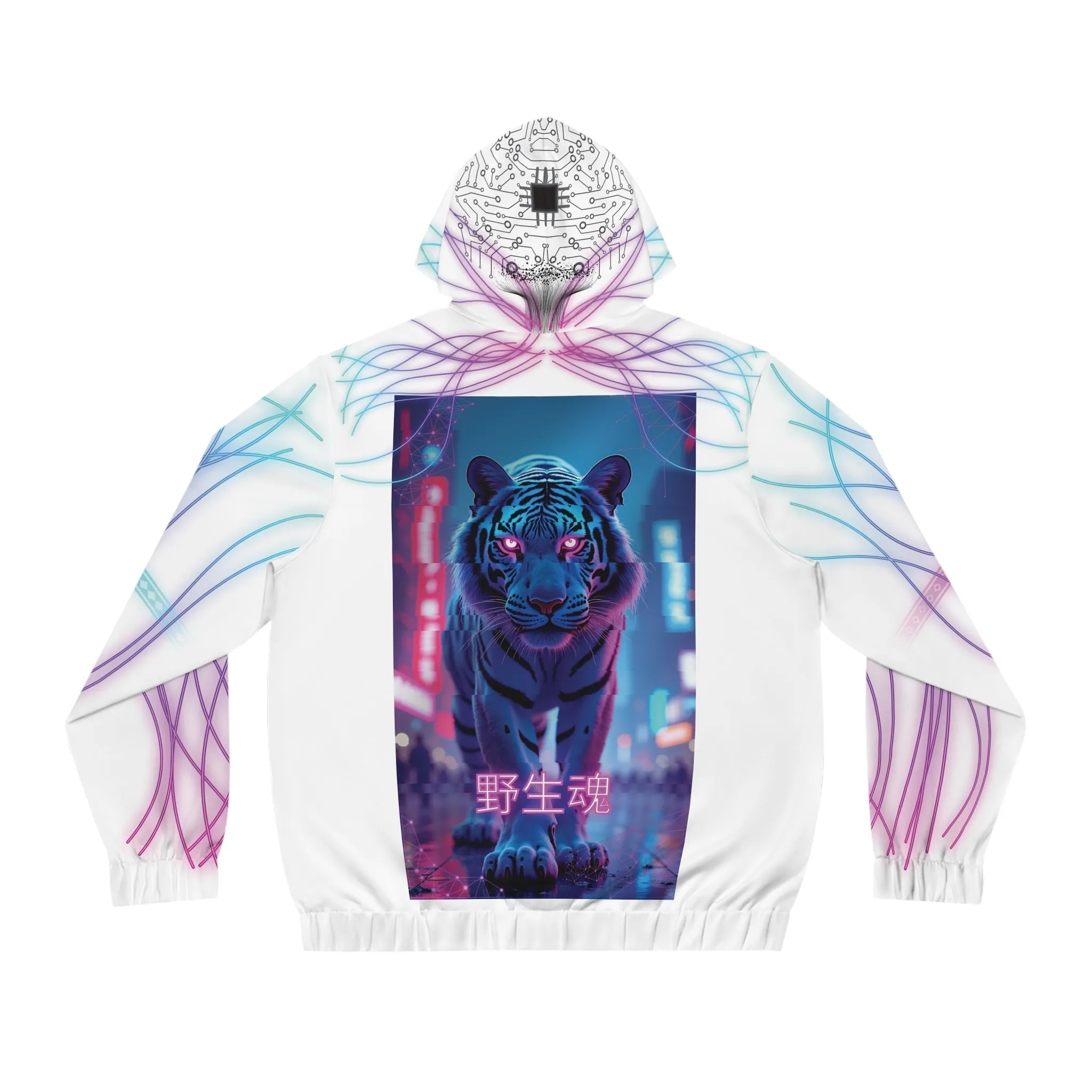 Cybernetic Mind: Futuristic Full-Zip Hoodie with Neural Circuitry & Cyber Tiger