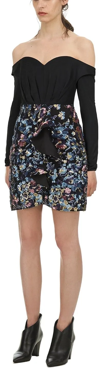 Off Shoulder Floral Sequin Embellished Dress