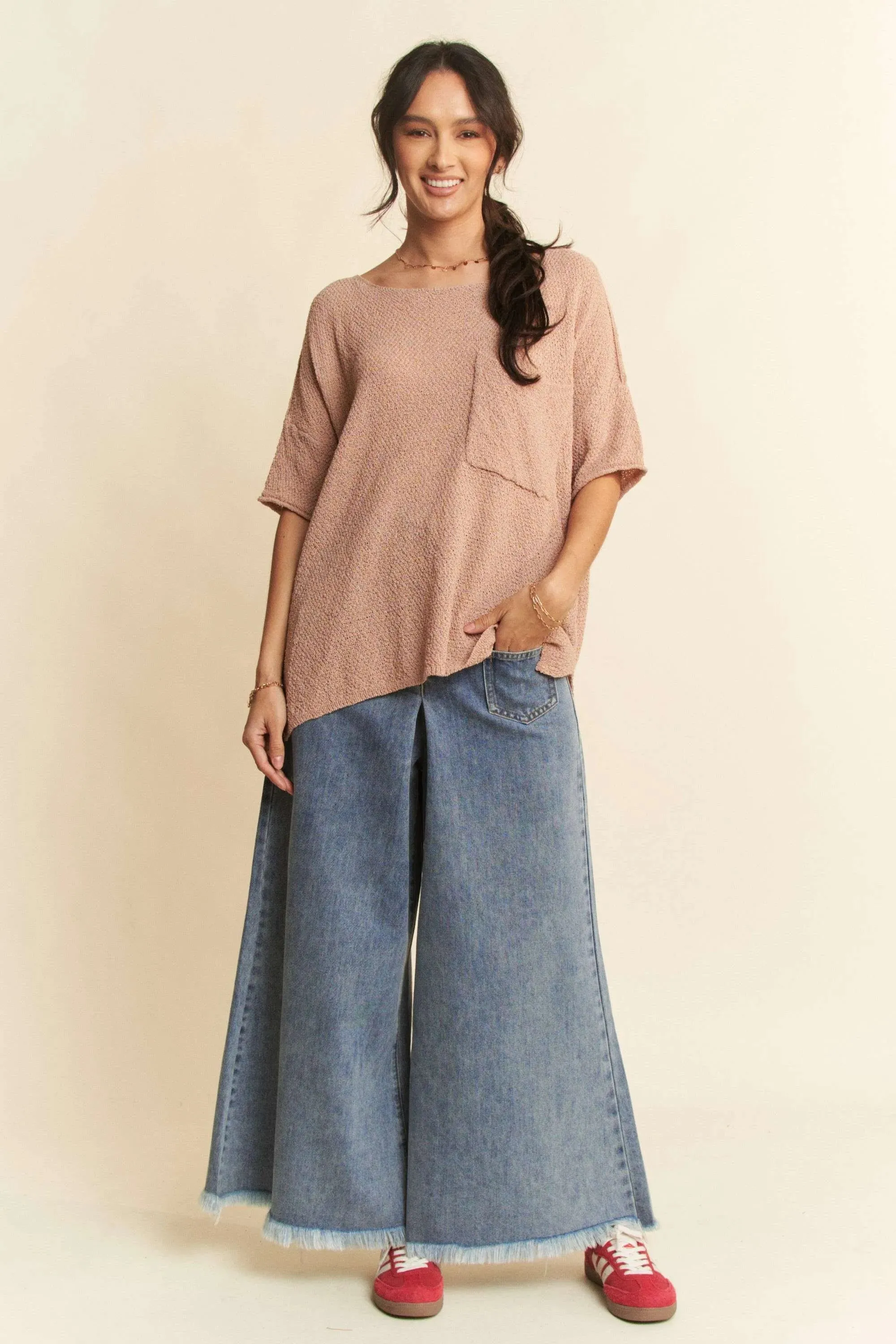 Patch Pocket Wide Leg Culotte Jeans