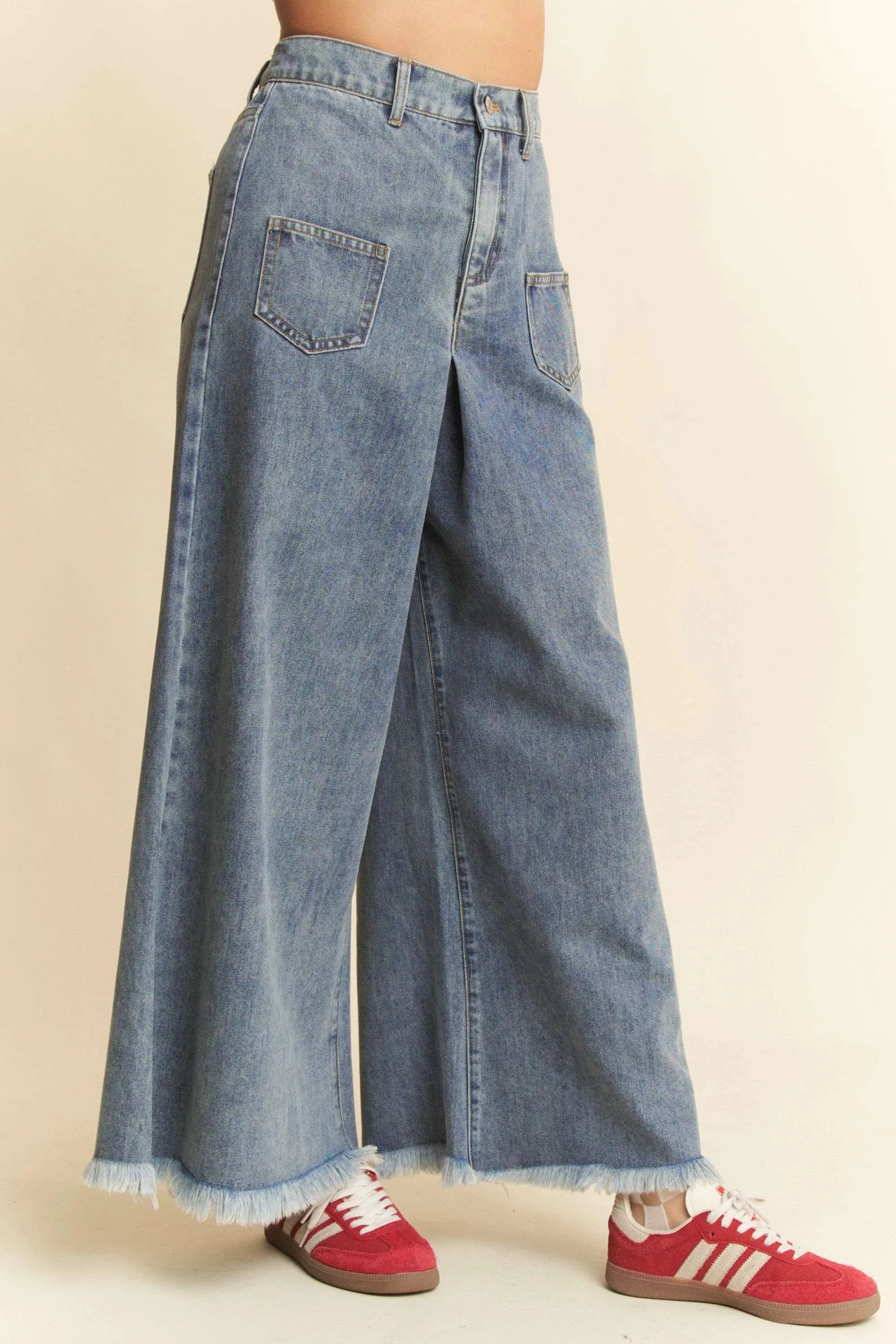 Patch Pocket Wide Leg Culotte Jeans