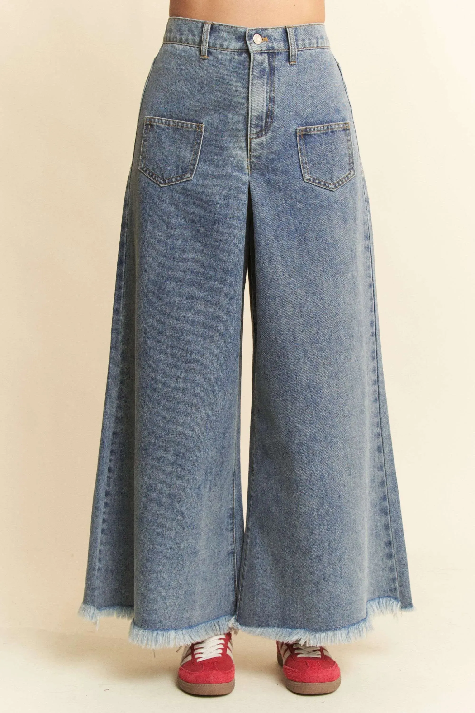 Patch Pocket Wide Leg Culotte Jeans