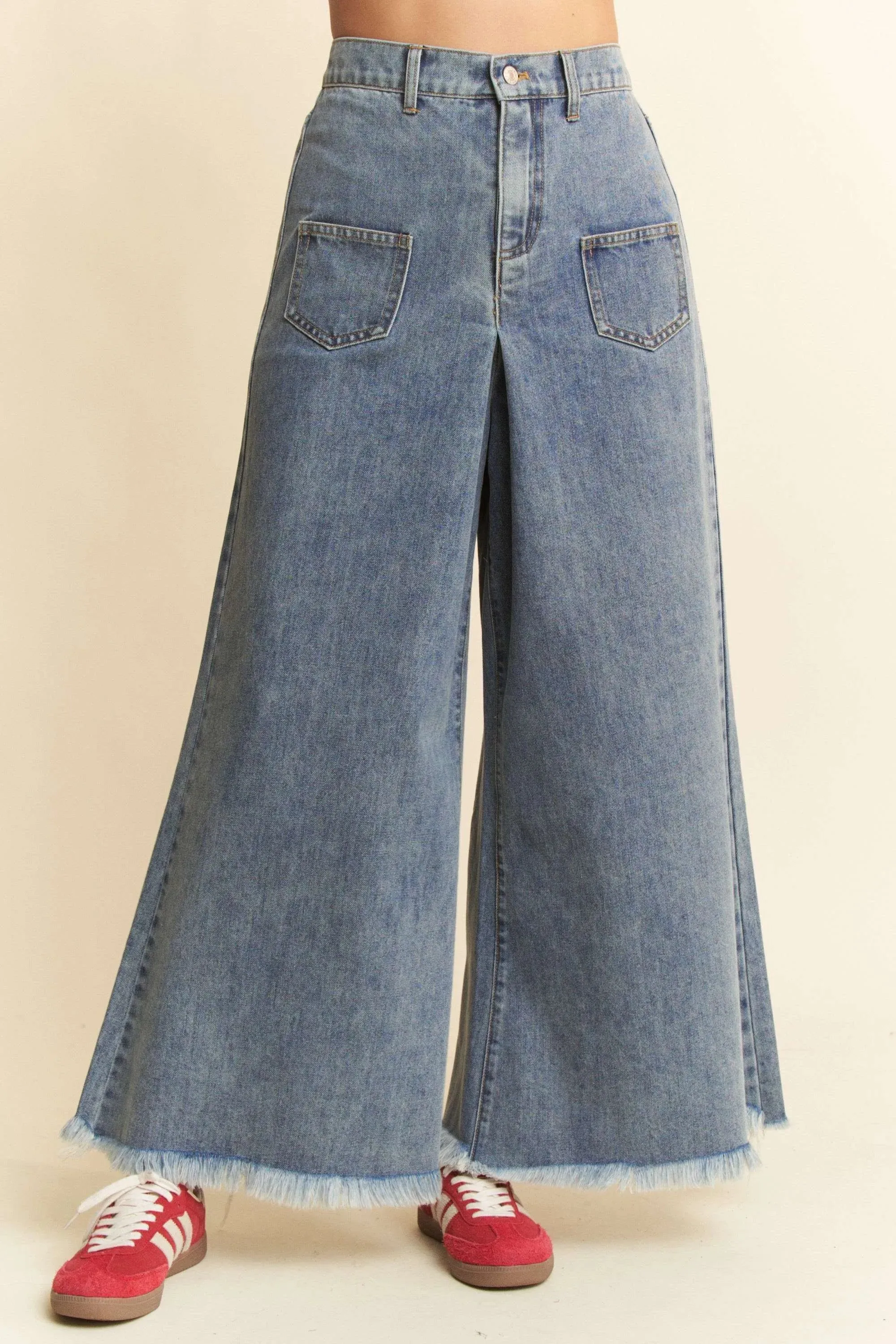 Patch Pocket Wide Leg Culotte Jeans